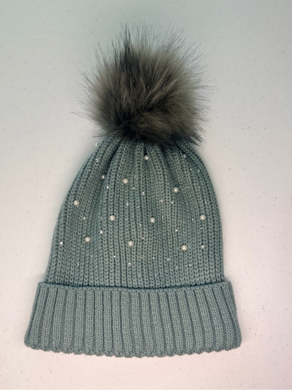 NWOT Women’s Faux Fur Pom Pom Beanie with Pearls - Light Sage